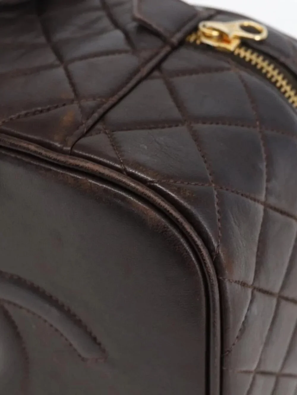 CHANEL Matelasse Vanity Hand Bag Lamb Skin Dark Brown Gold CC Auth 170916